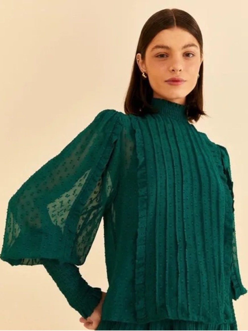 FARM Rio Teal Pintuck High-Neck Blouse